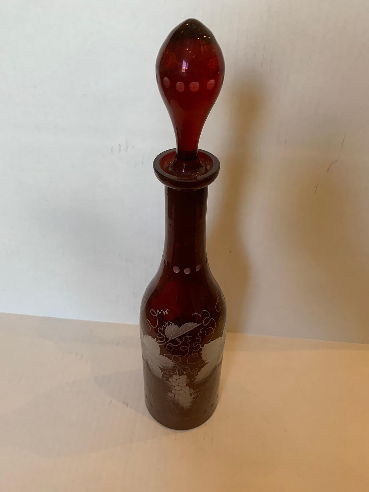 19th Century Ruby Cut to Clear Etched Glass Decanter, Grape Leaf Detail 10