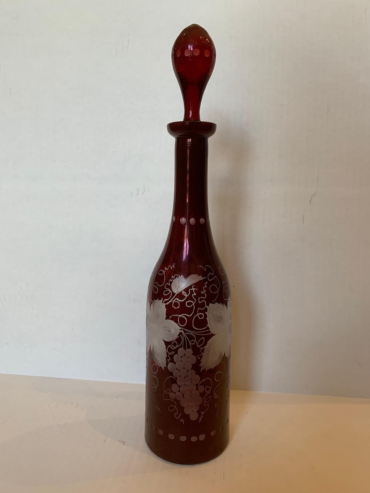 19th century ruby cut to clear etched glass decanter, grape leaf detail.