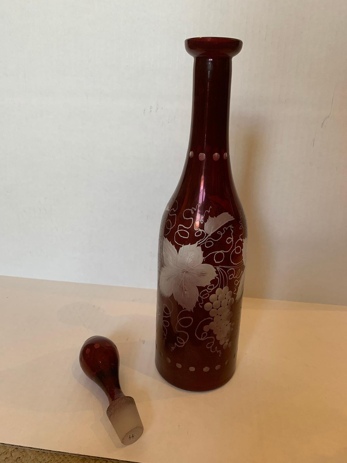19th Century Ruby Cut to Clear Etched Glass Decanter, Grape Leaf Detail 1