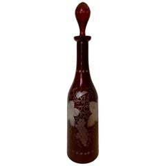19th Century Ruby Cut to Clear Etched Glass Decanter, Grape Leaf Detail