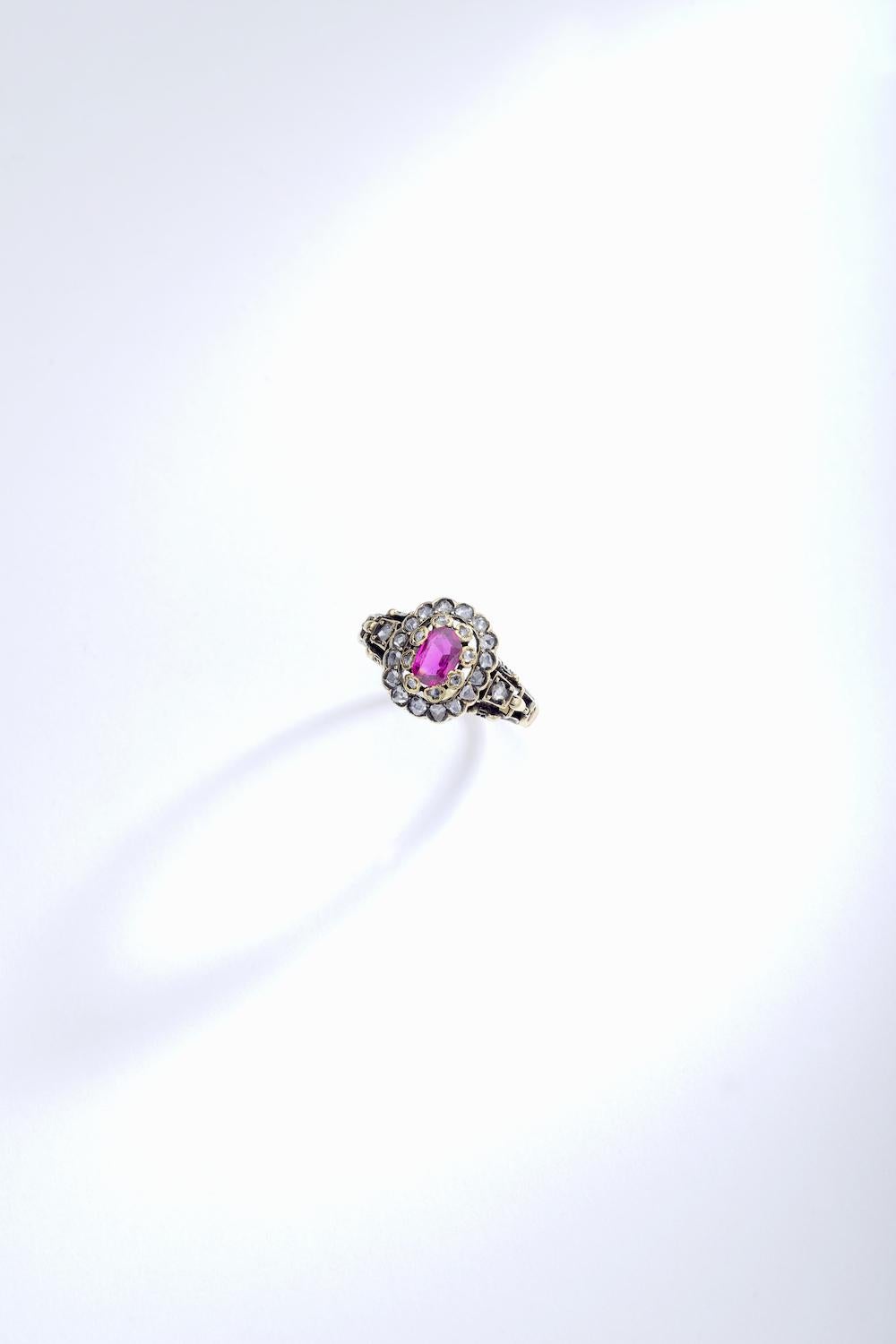 Women's 19th Century Ruby Diamond Gold Cluster Ring