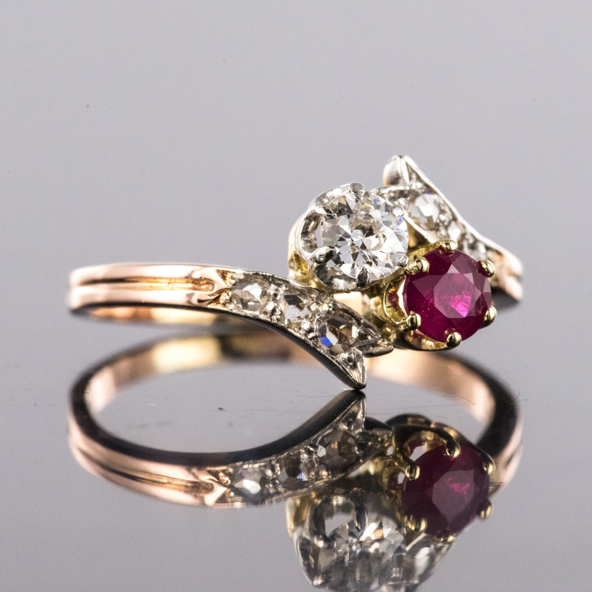 19th Century Ruby Diamonds 18 Karat Rose Gold You and Me Ring 1