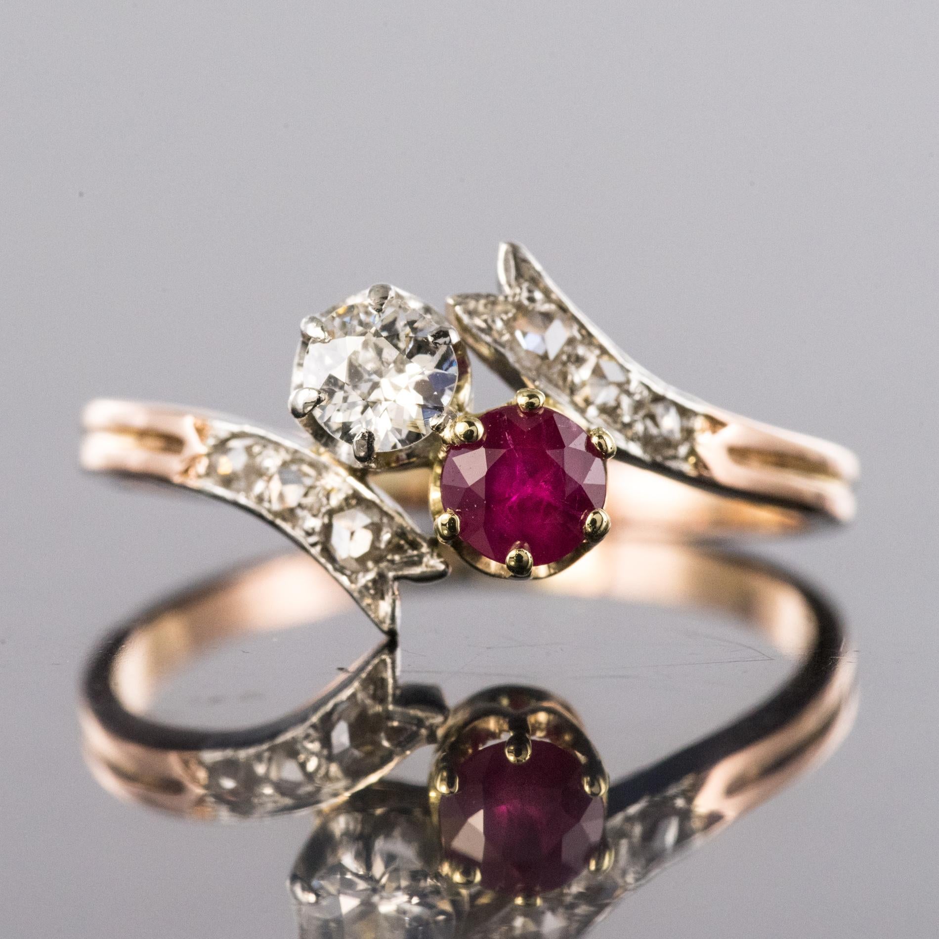 19th Century Ruby Diamonds 18 Karat Rose Gold You and Me Ring In Good Condition In Poitiers, FR