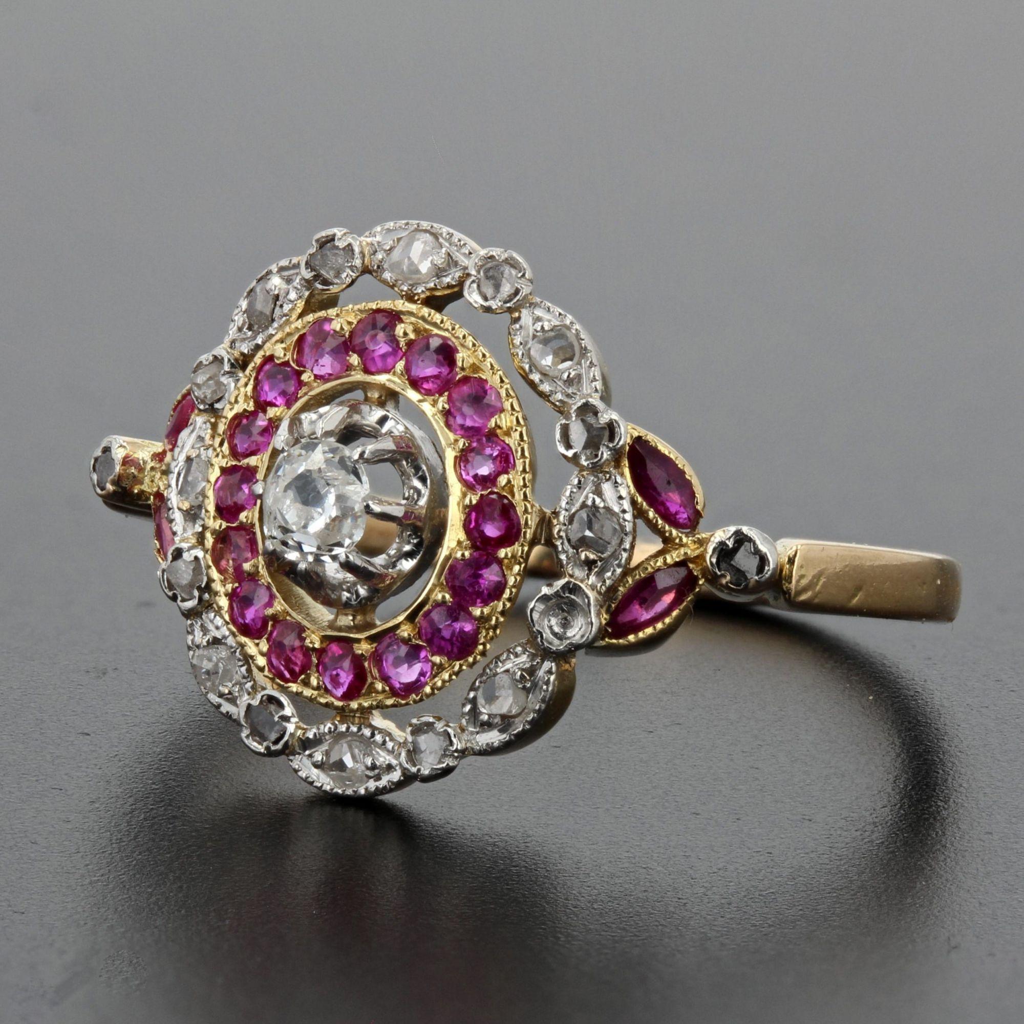 Brilliant Cut 19th Century Ruby Diamonds 18 Karat Yellow Gold Ring