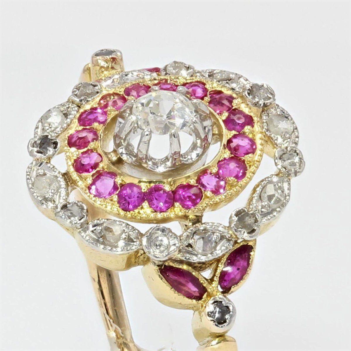 Women's 19th Century Ruby Diamonds 18 Karat Yellow Gold Ring