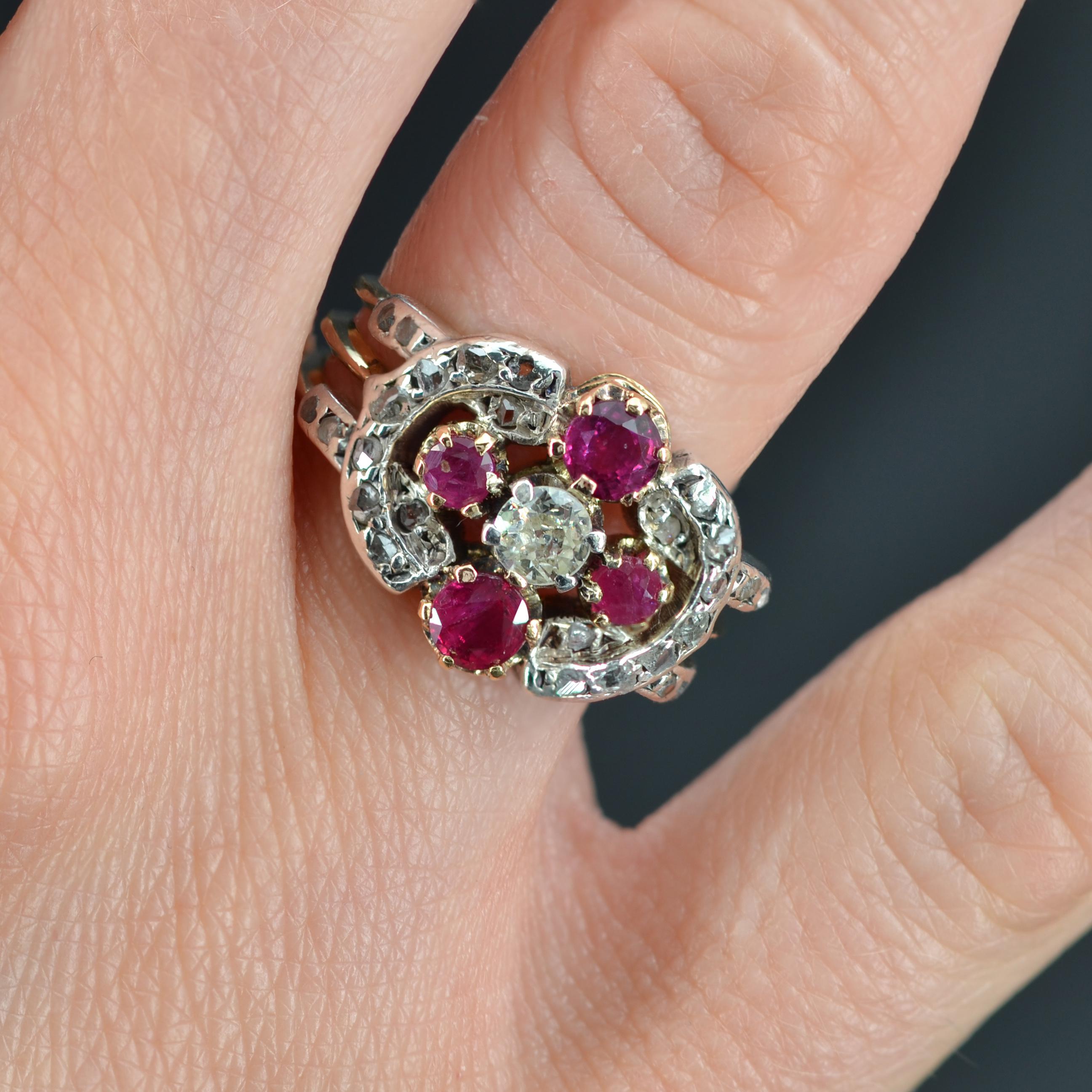 19th Century Ruby Diamonds 18 Karat Yellow Gold Silver Band Ring In Fair Condition In Poitiers, FR