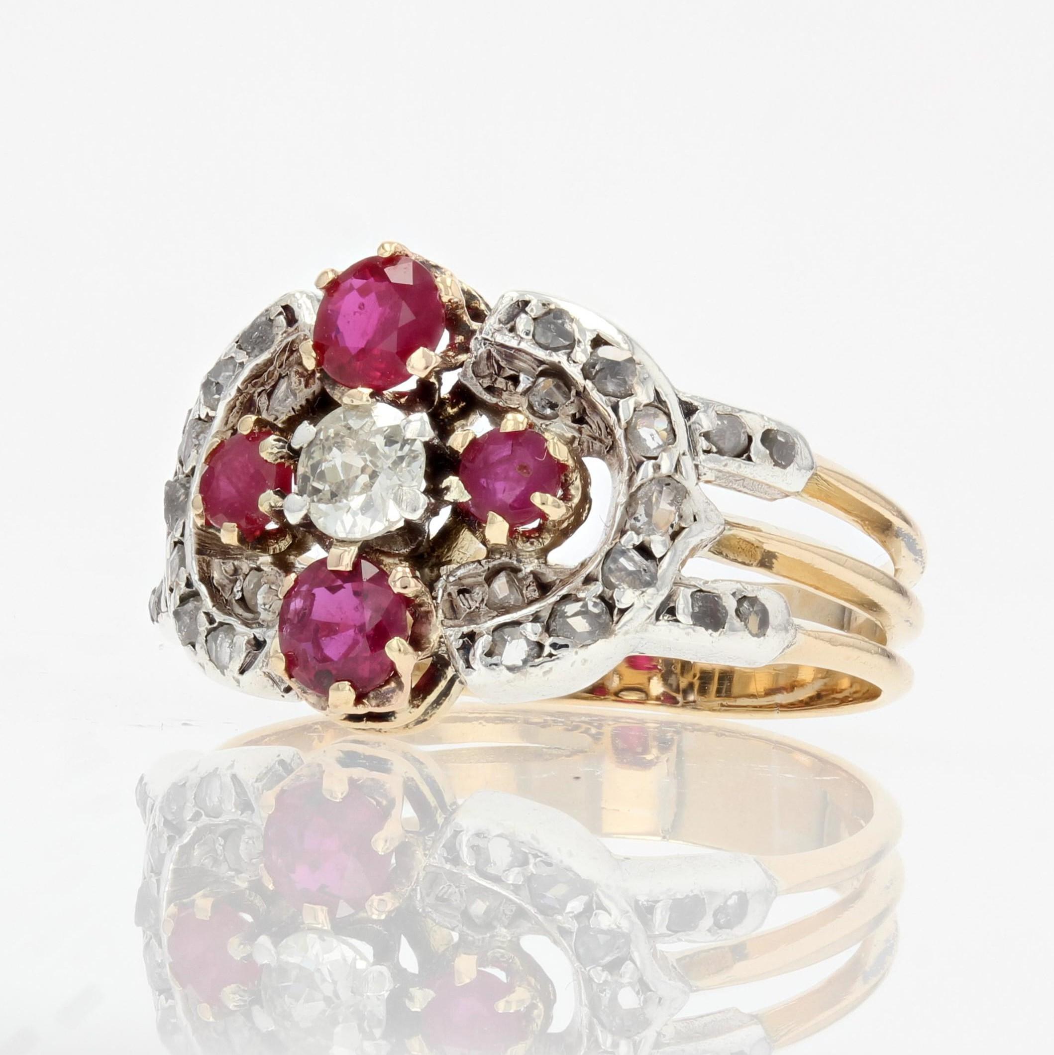 Women's 19th Century Ruby Diamonds 18 Karat Yellow Gold Silver Band Ring