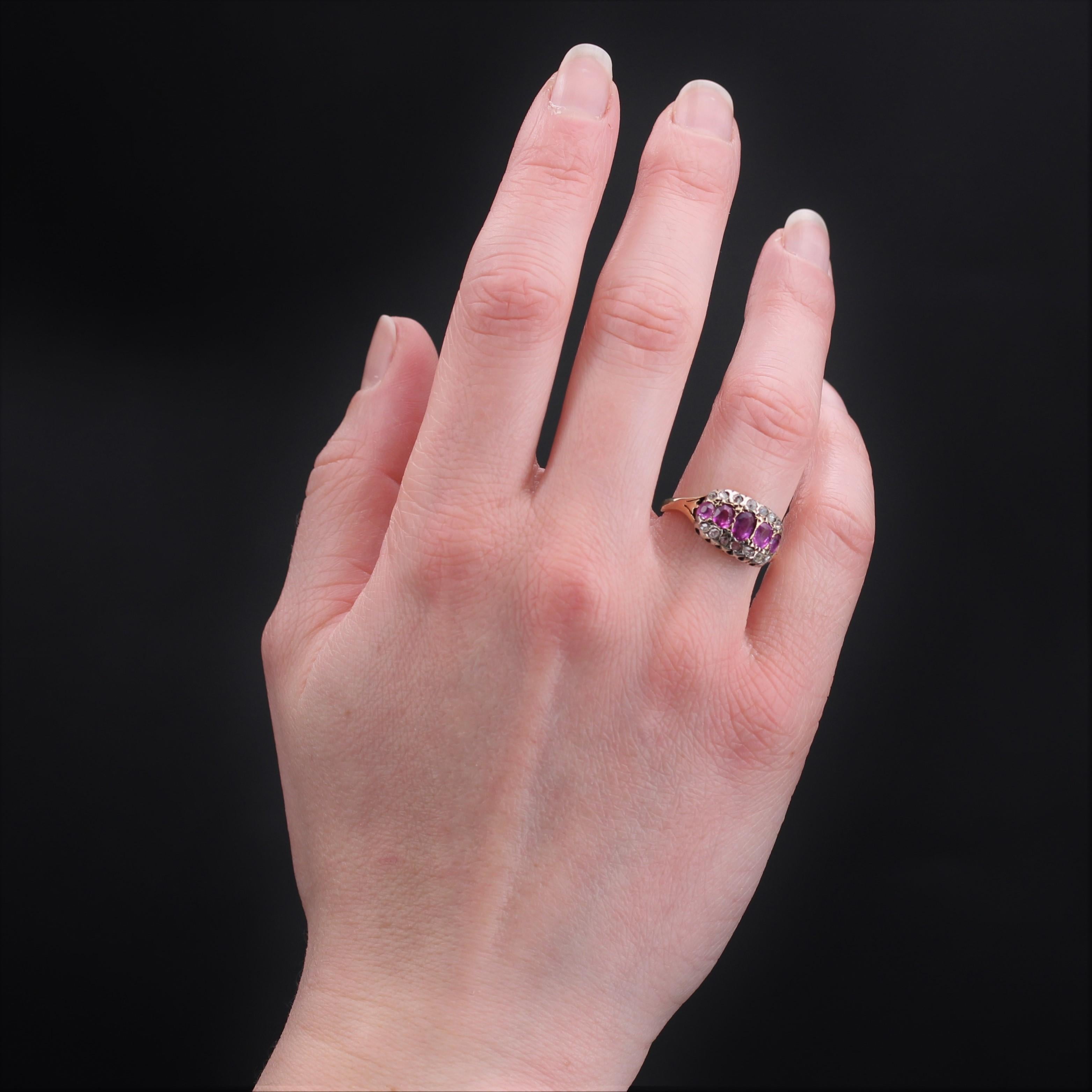 Oval Cut 19th Century Ruby Diamonds 18 Karat Yellow Gold Silver Ring For Sale
