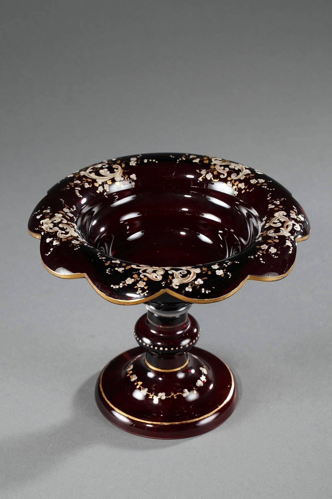 Czech 19th Century Ruby Red Bohemian Crystal Cup with Enameled Decoration For Sale