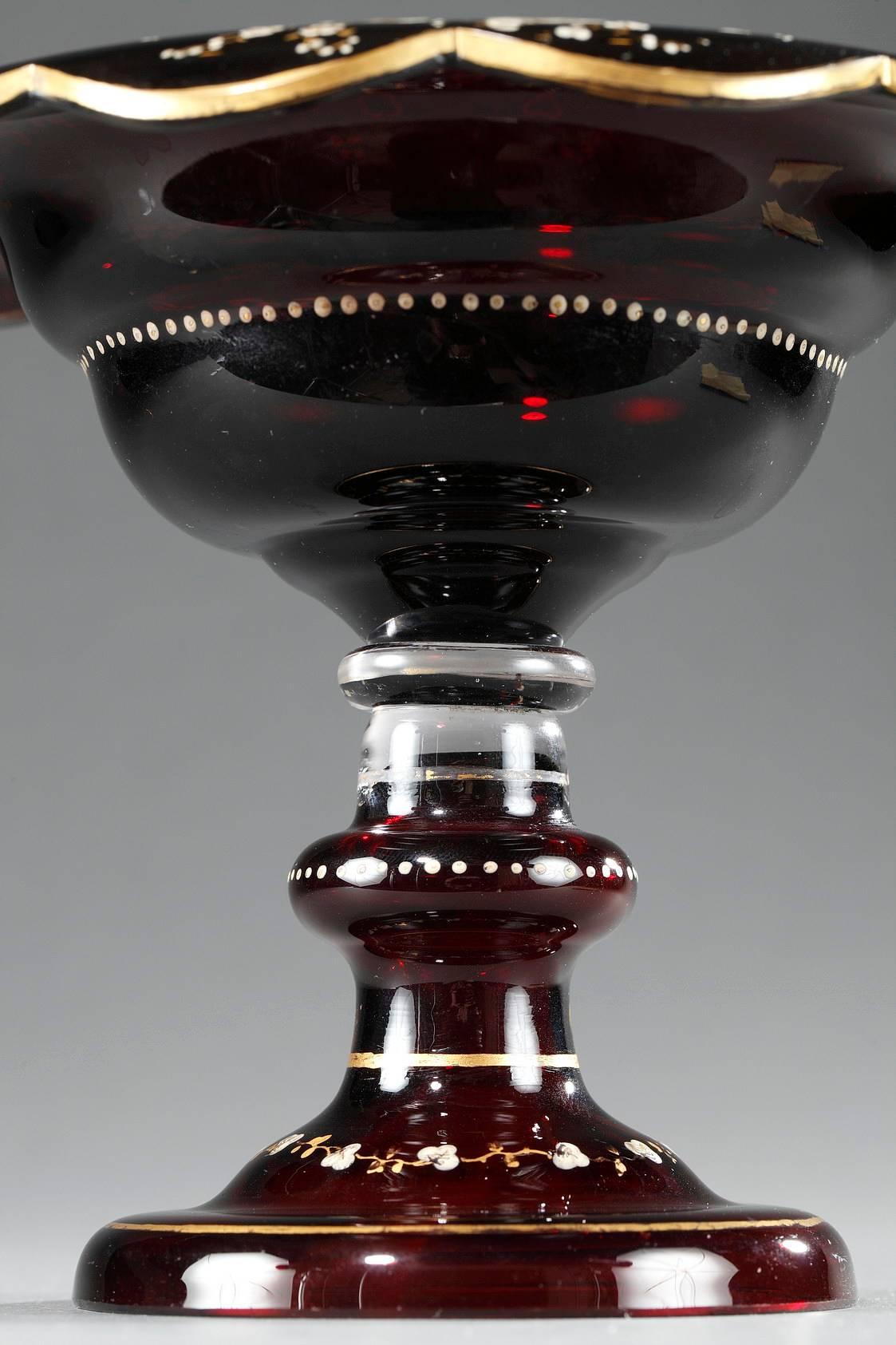 19th Century Ruby Red Bohemian Crystal Cup with Enameled Decoration For Sale 1