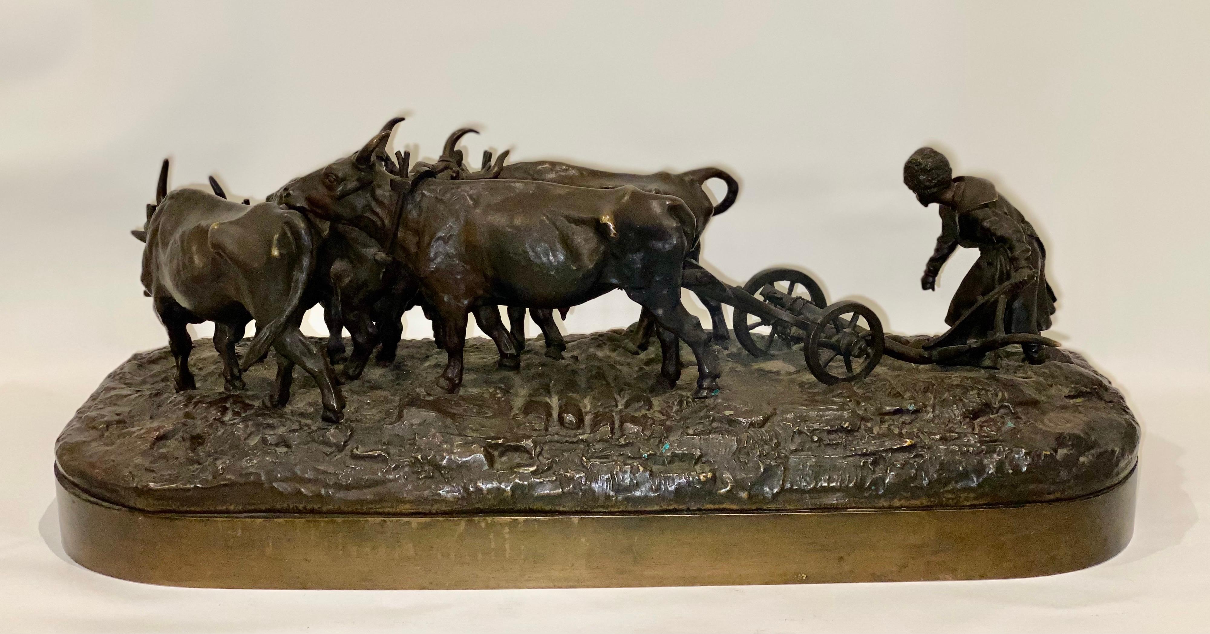 A Large Bronze Group of a Ukrainian (Little Russian) Plow with Four Oxen
Cast by Chopin After the Model by Evgenii Lanceray, 1877
On a naturalistic oval base, realistically cast as two young Chumaks driving a plow with oxen, signed and dated on