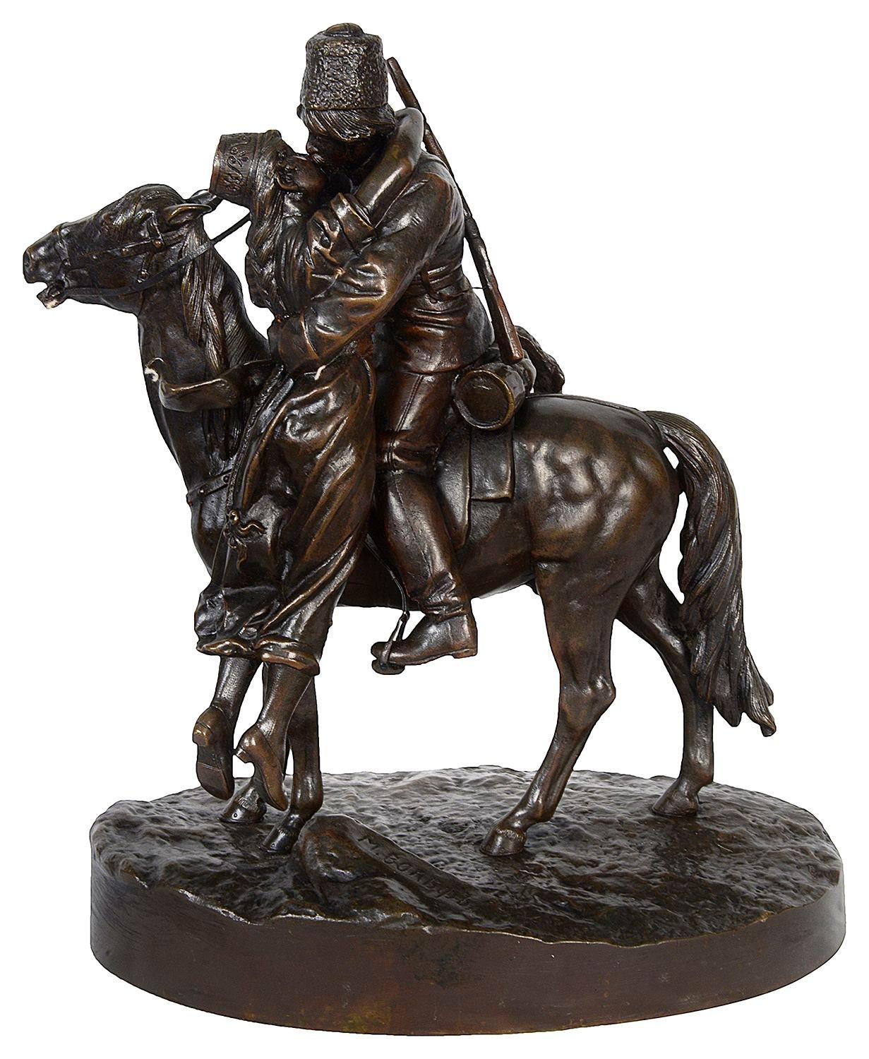Groupe en bronze de très bonne qualité du XIXe siècle représentant un soldat à dos de cheval embrassant son amoureuse.
Signé à la base.


Lot 75. 57524. BCKZN