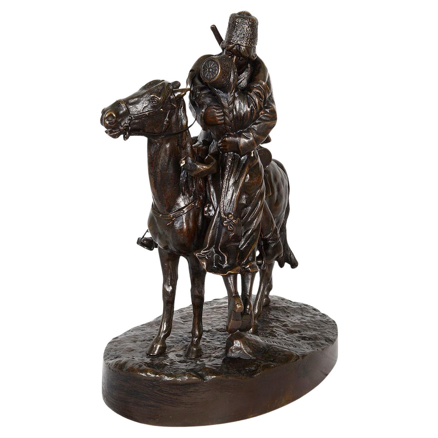 19th Century Russian bronze group of lovers on horse back. For Sale