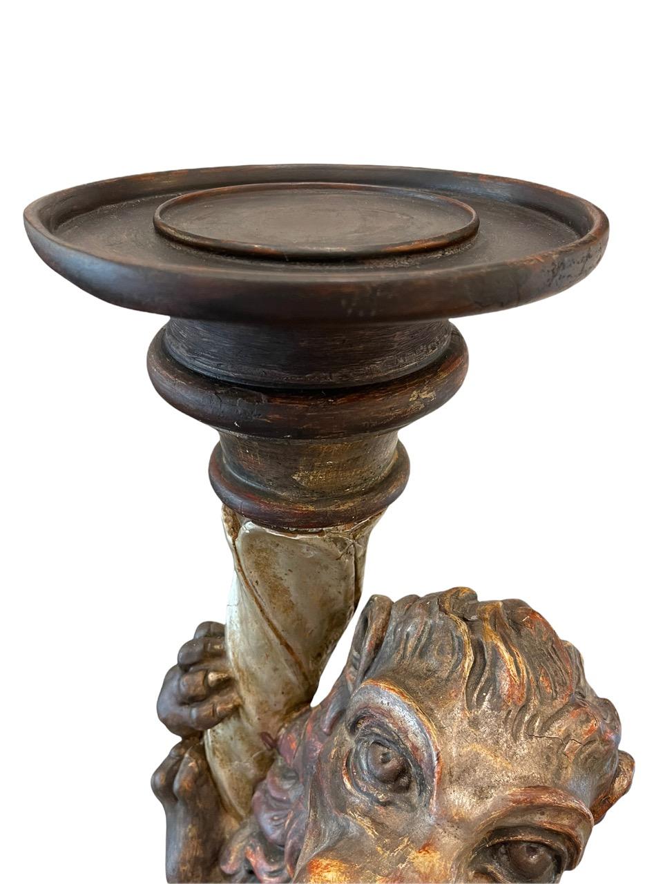 19th Century Russian Empire Carved Wood Candle Holder Sculpture In Distressed Condition For Sale In North Miami, FL