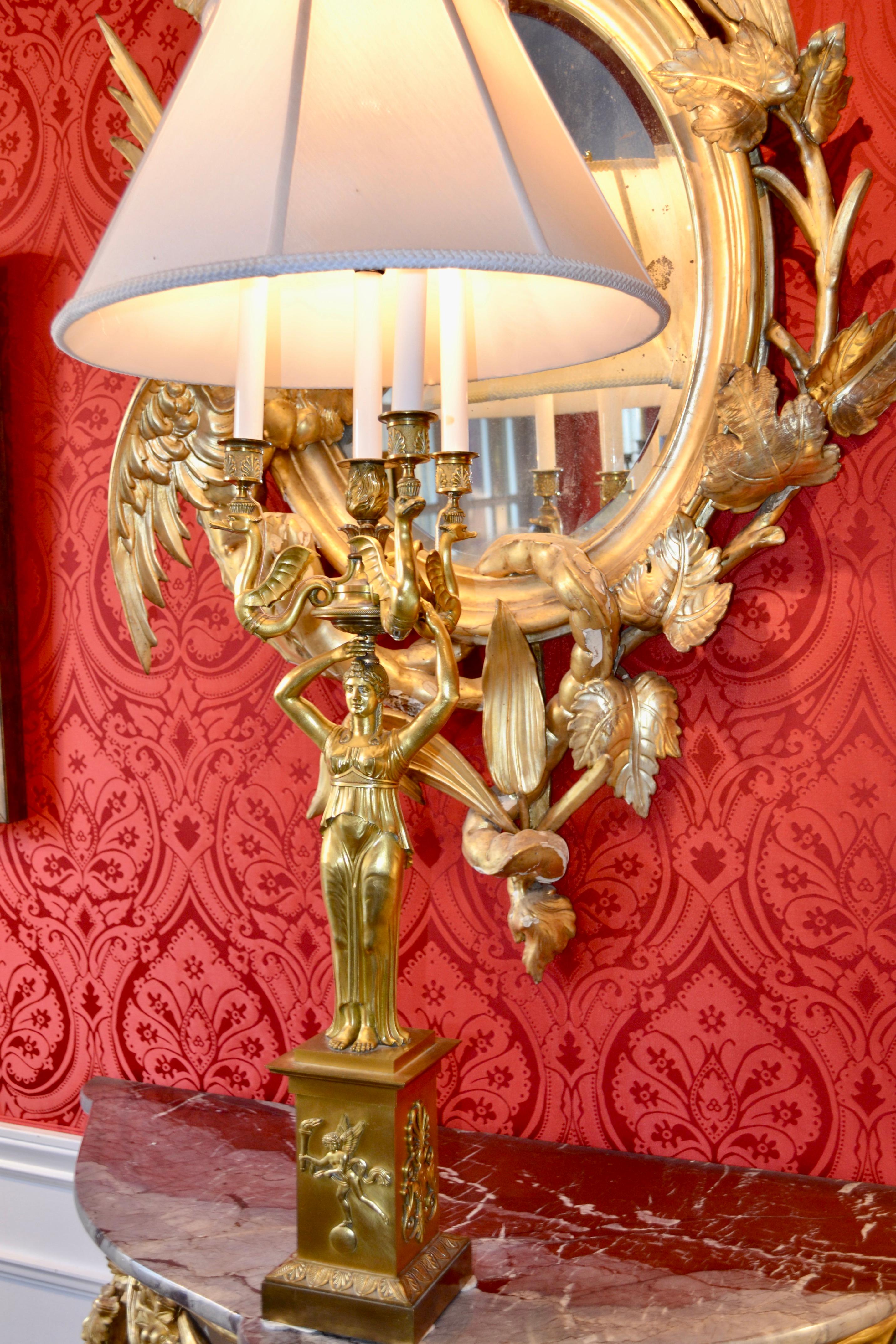 19th Century Russian Empire Gilt Bronze Figural Candelabra Lamp For Sale 4