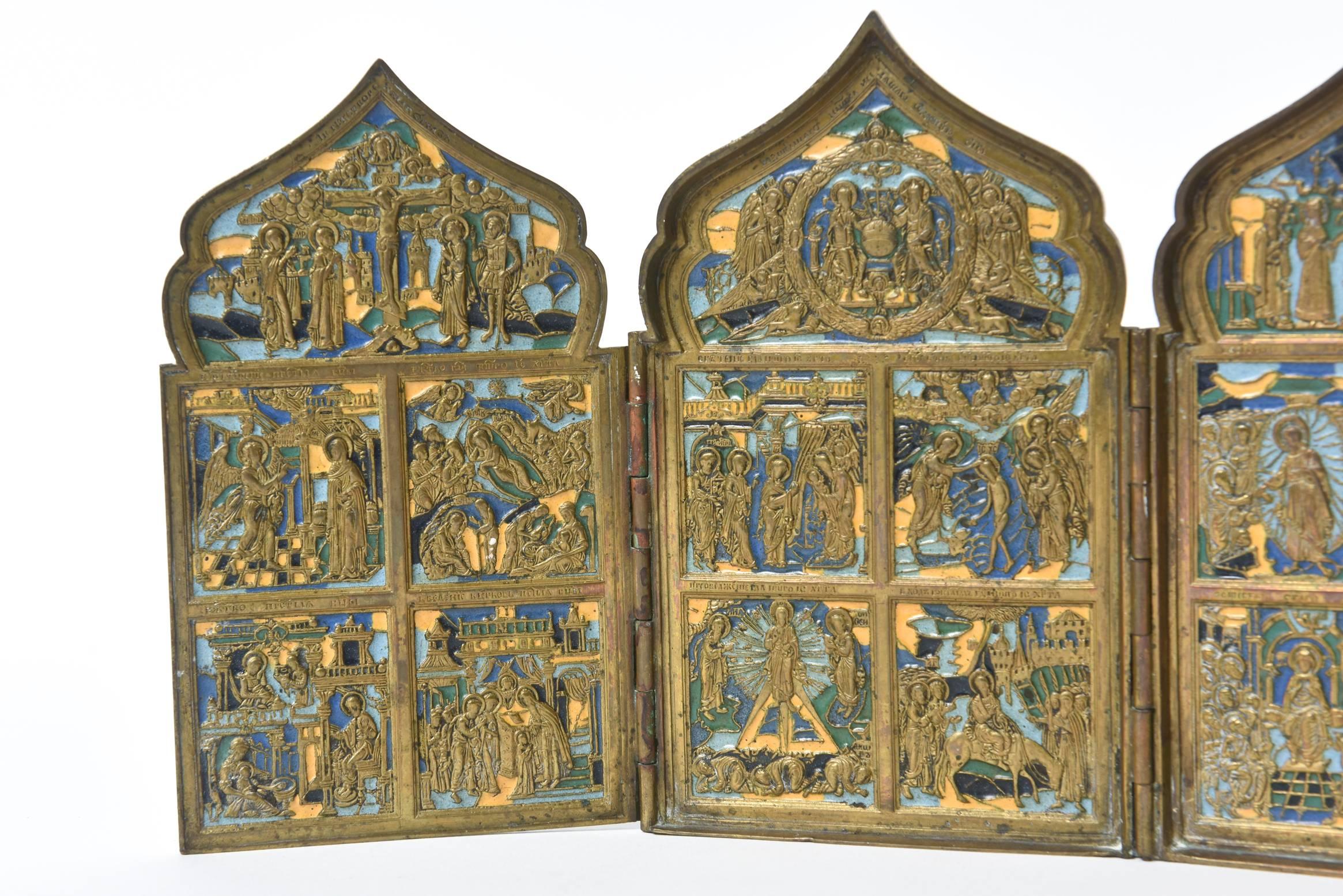 19th Century Russian Enamel and Brass Folding Travel Prayer Icon Four-Panel In Good Condition In Miami Beach, FL