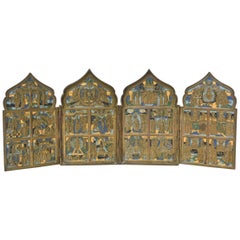 Antique 19th Century Russian Enamel and Brass Folding Travel Prayer Icon Four-Panel