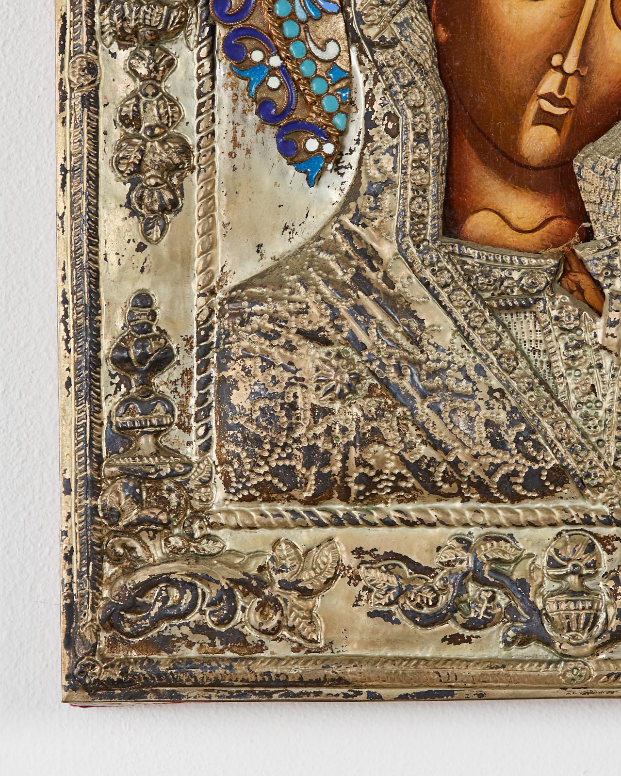 19th Century Russian Enameled Icon Madonna and Child 3