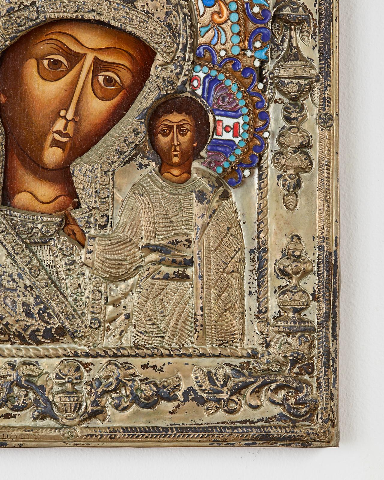 19th Century Russian Enameled Icon Madonna and Child 4