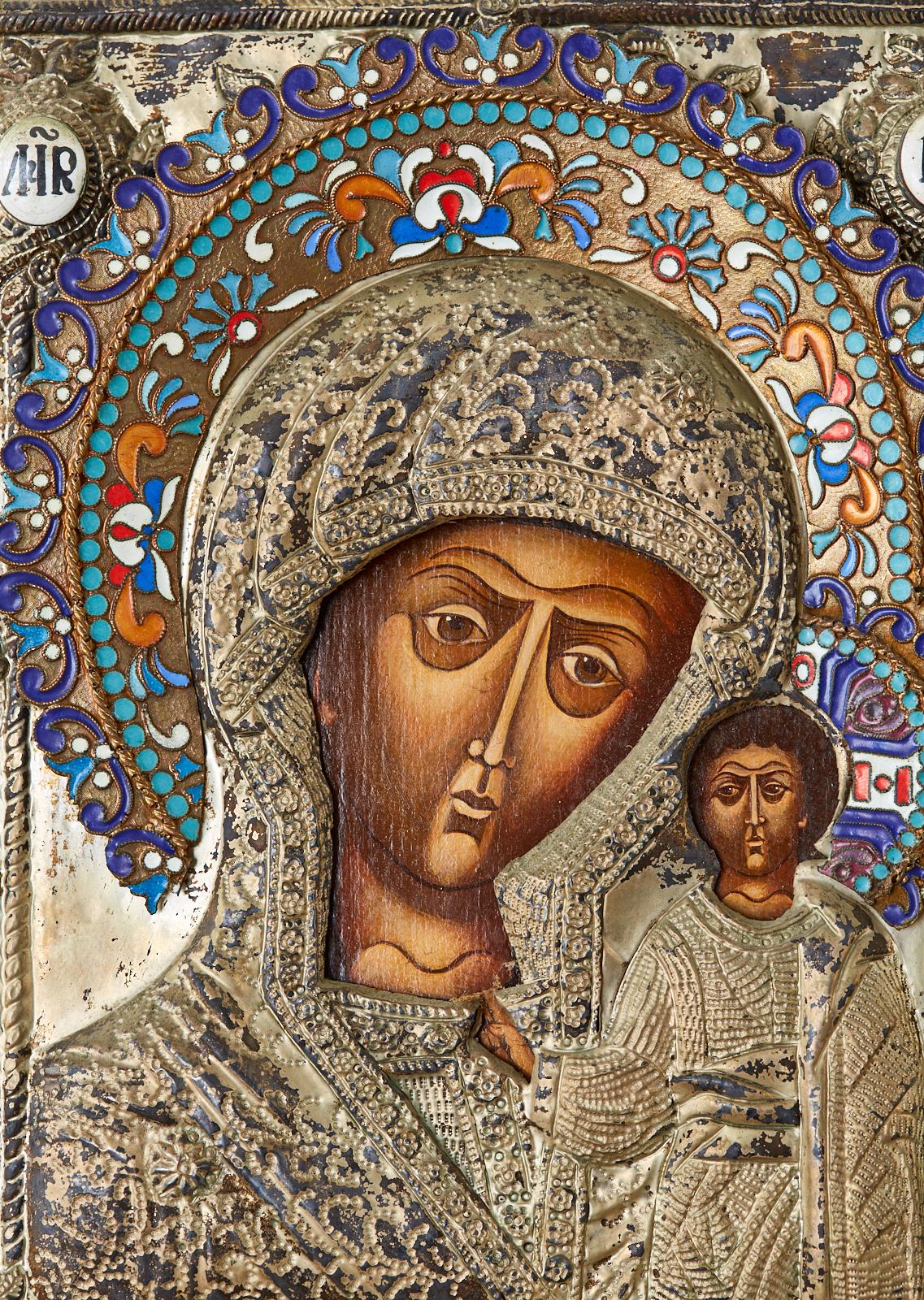 19th Century Russian Enameled Icon Madonna and Child 5