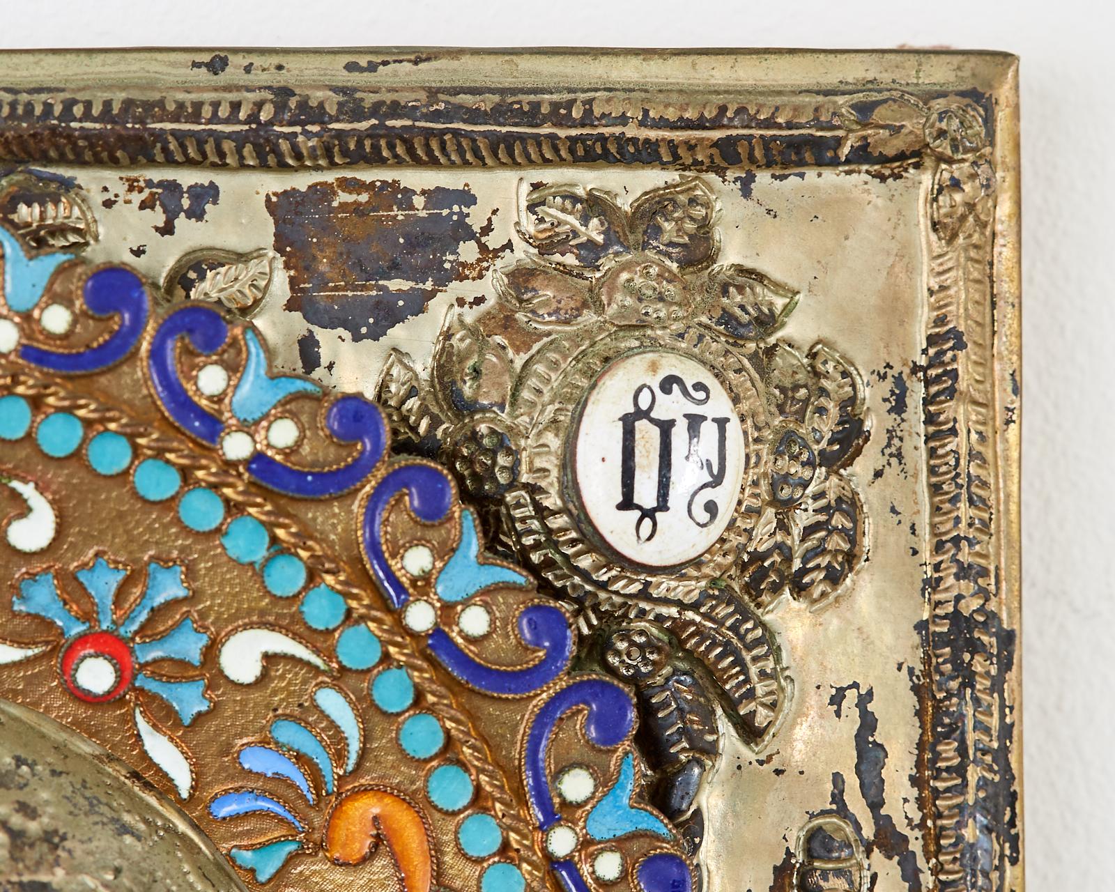 19th Century Russian Enameled Icon Madonna and Child 7