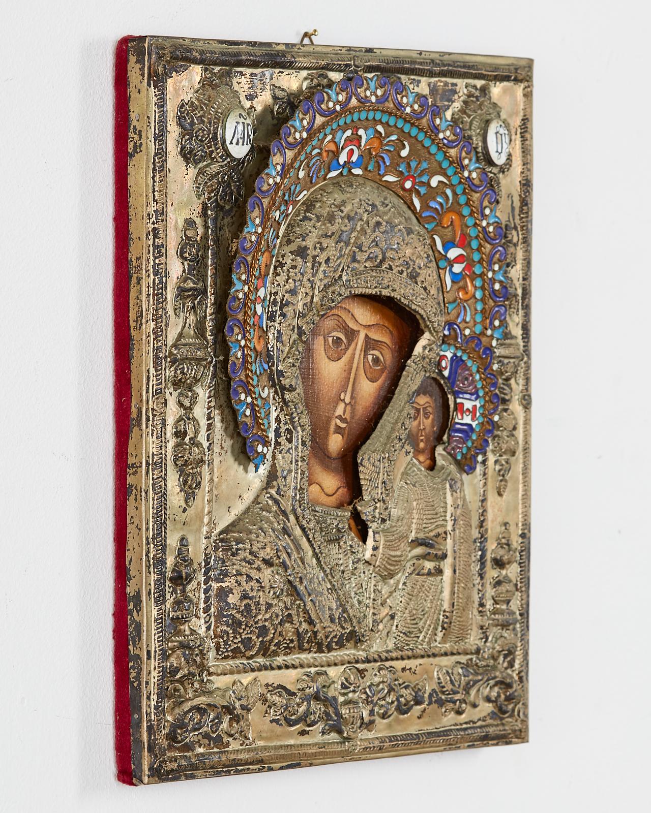 Baroque 19th Century Russian Enameled Icon Madonna and Child