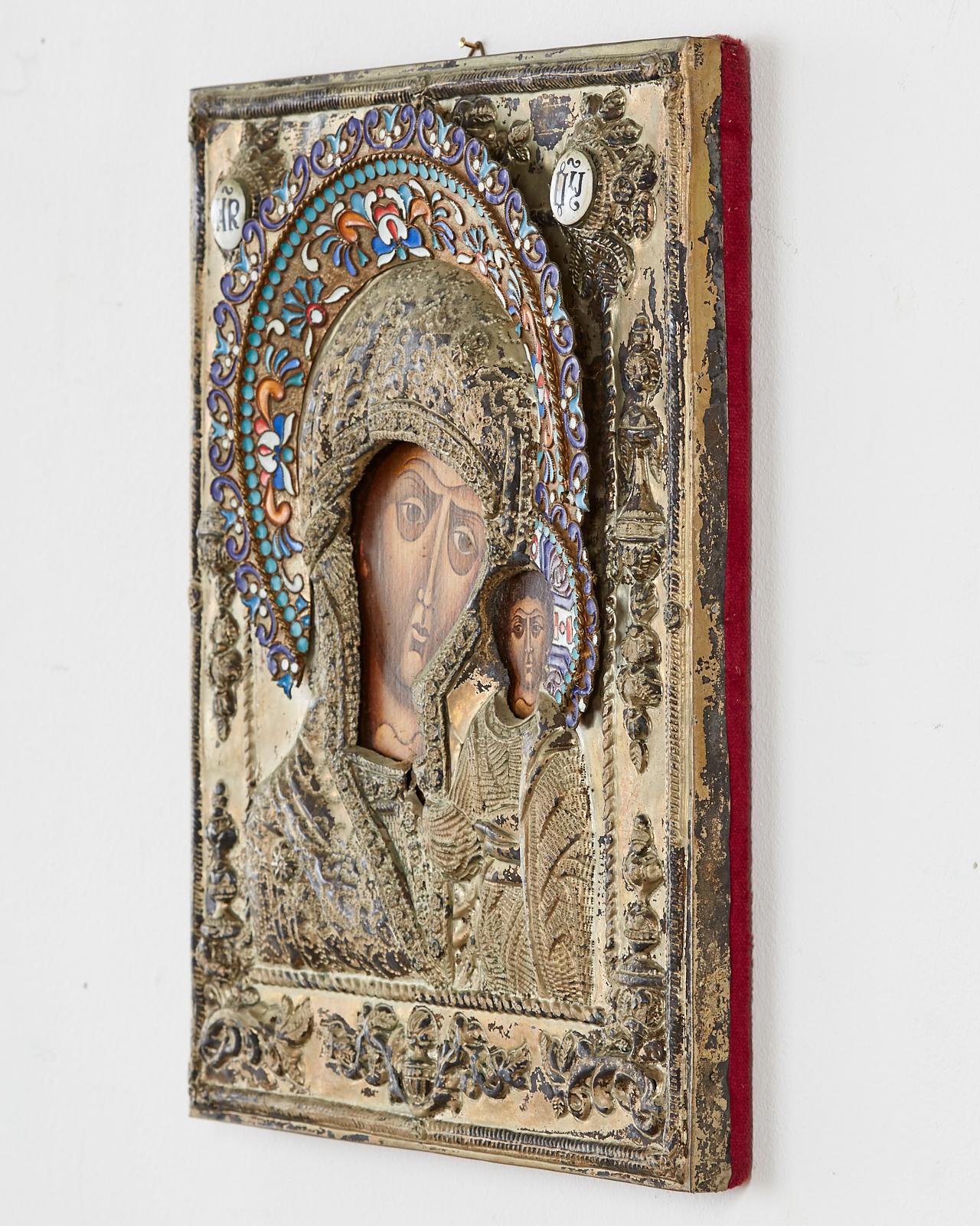 Hand-Crafted 19th Century Russian Enameled Icon Madonna and Child
