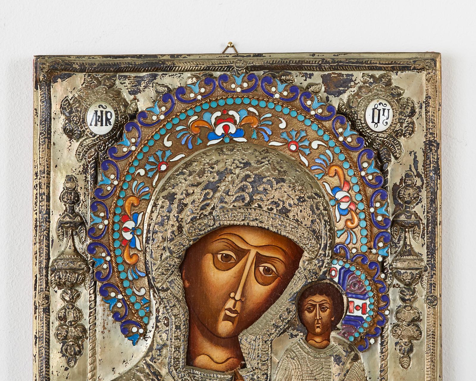 19th Century Russian Enameled Icon Madonna and Child In Distressed Condition In Rio Vista, CA