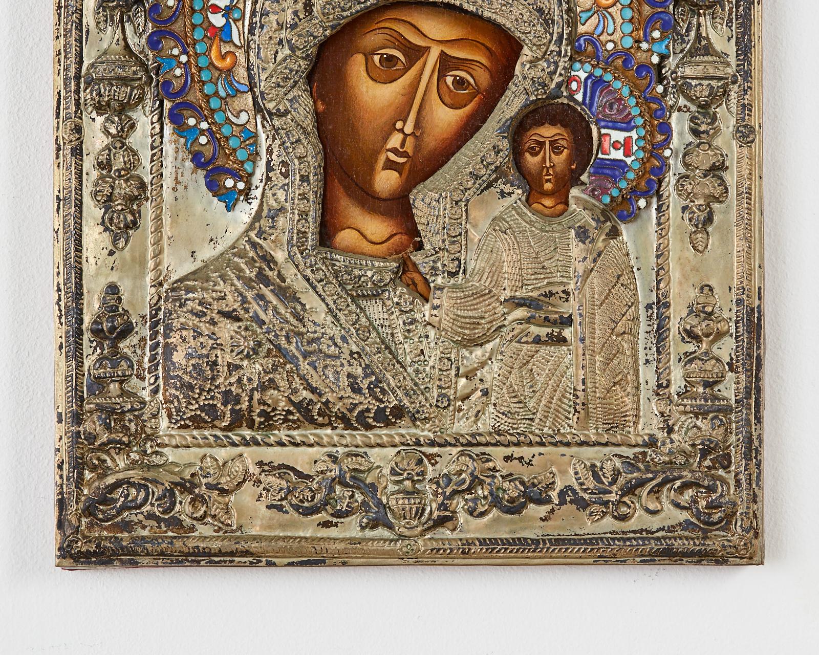 Metal 19th Century Russian Enameled Icon Madonna and Child