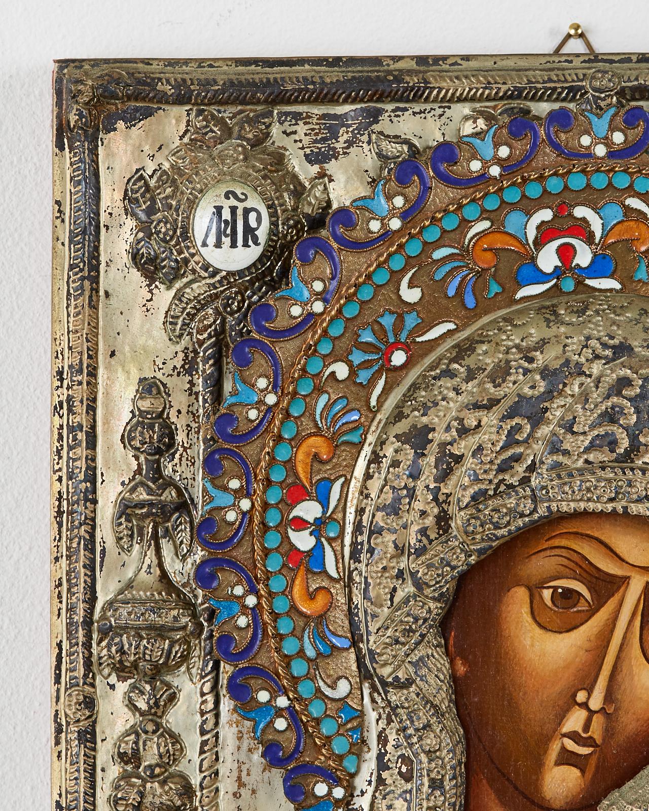 19th Century Russian Enameled Icon Madonna and Child 1
