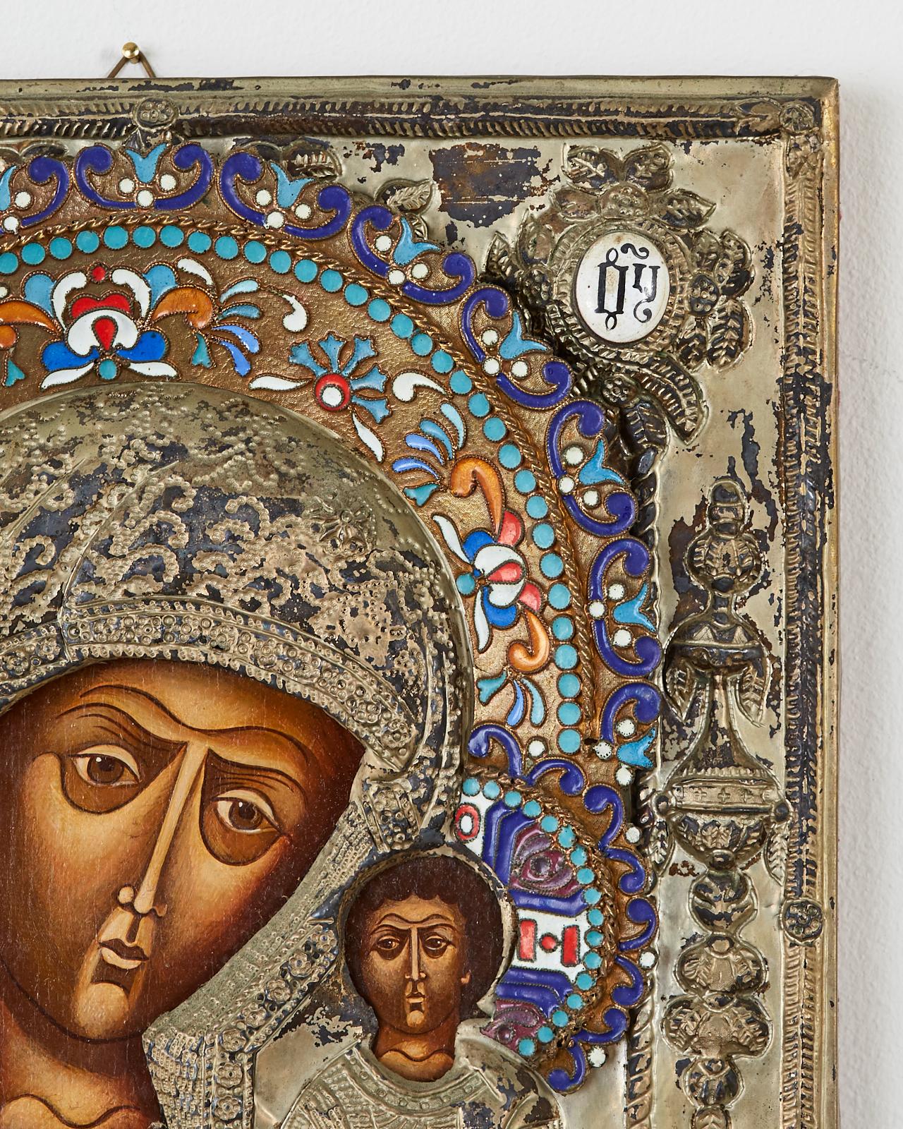 19th Century Russian Enameled Icon Madonna and Child 2