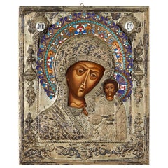 Antique 19th Century Russian Enameled Icon Madonna and Child