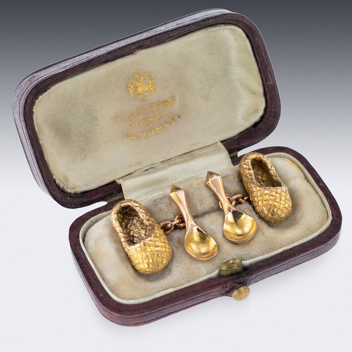 19th Century Russian Faberge 56 Gold Lapti and Spoon Cufflinks V Soloviev In Good Condition In Royal Tunbridge Wells, Kent