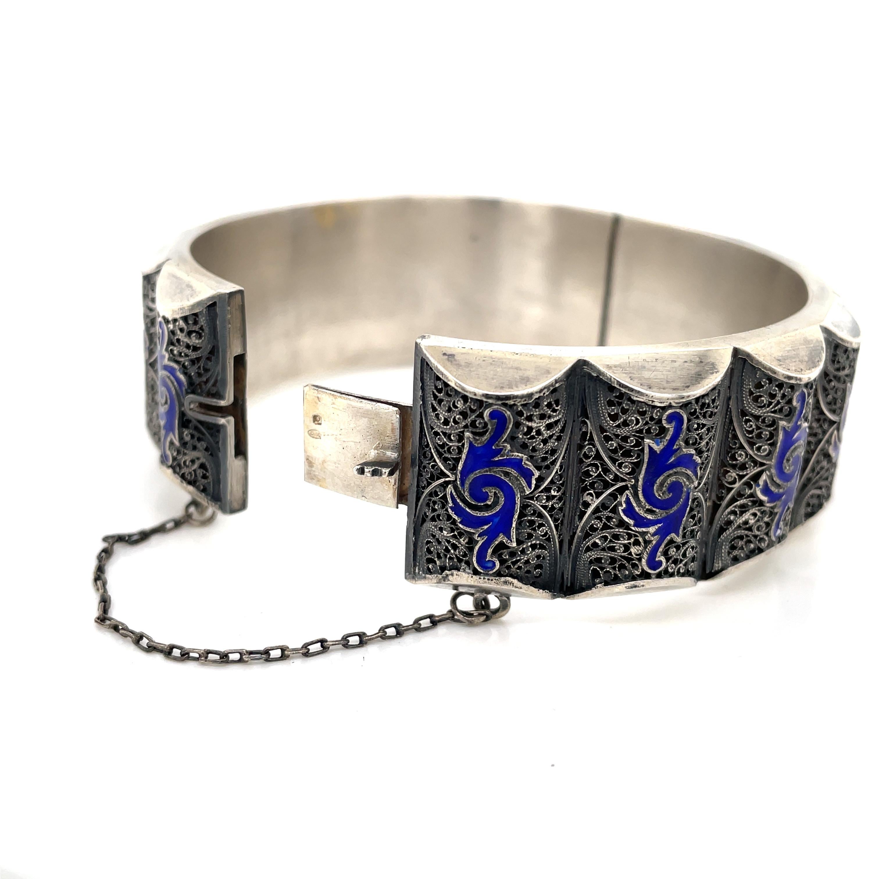 Russian Empire 19th Century Silver Filigree Cobalt Blue Cloisonne Enamel Bangle Bracelet For Sale