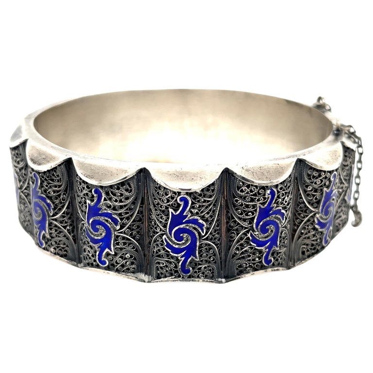 19th Century Silver Filigree Cobalt Blue Cloisonne Enamel Bangle Bracelet  For Sale at 1stDibs