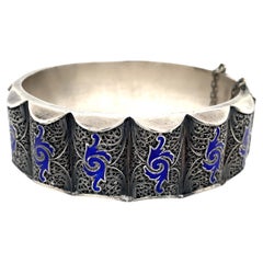 19th Century Silver Filigree Cobalt Blue Cloisonne Enamel Bangle Bracelet