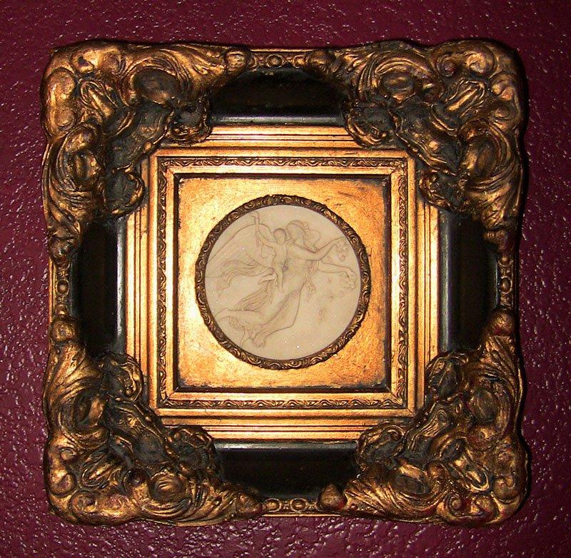 Nice pair of 19th century Russian marble plaques in ornate gilt frames from 1882.

Iron seal on rear of each plaque with Imperial Cross and stating 'St. Petersburg ... 1882'.

Both plaques feature a relief, picturing Angels and Putti in an Eden