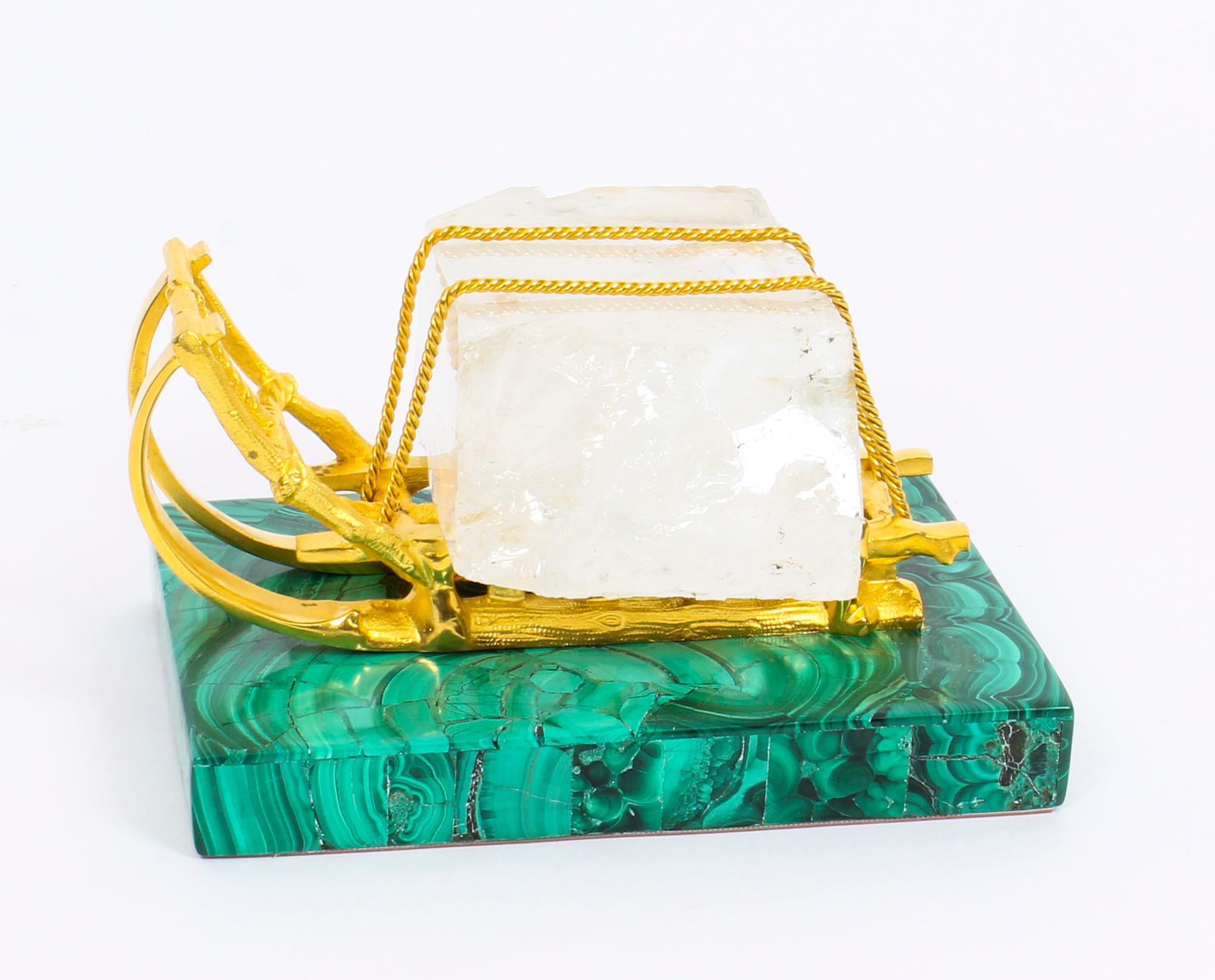 19th Century Russian Gilt Bronze Malachite Rock Crystal Sleigh Sculpture In Good Condition In London, GB