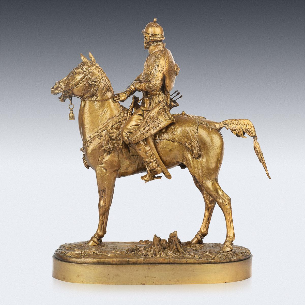 Antique late-19th century Russian cast gilt bronze of 'Oprichnik' (Prince Vyazemskii) by the renowned Evgeni Alexandrovich Lanceray, 1848-1886. Evgeni Lanceray, was an exceptionally well known Russian sculptor of the 19th century. He is particularly