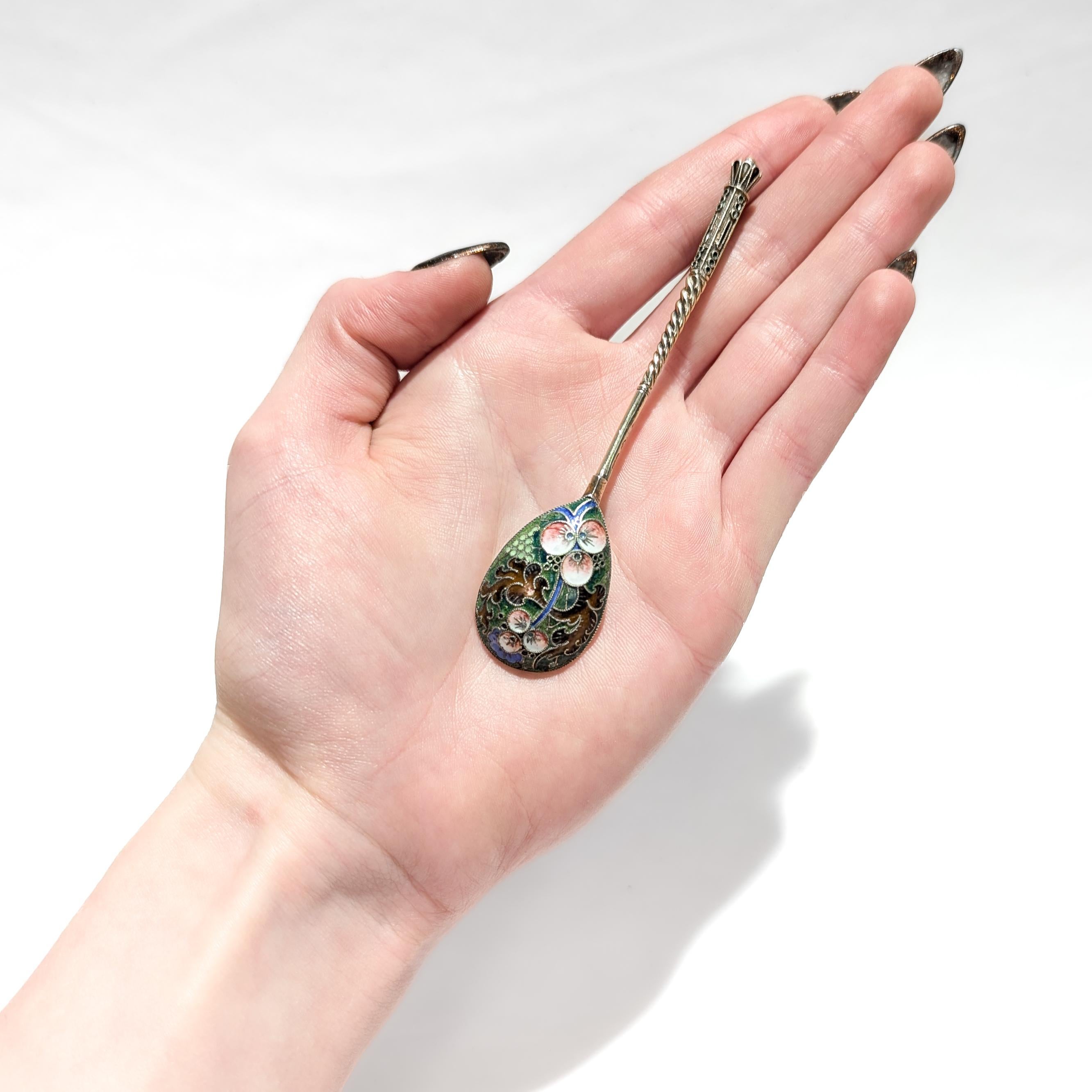 19th Century Russian Gilt Imperial Silver & Shaded Cloisonne Enamel Spoon In Good Condition In Philadelphia, PA