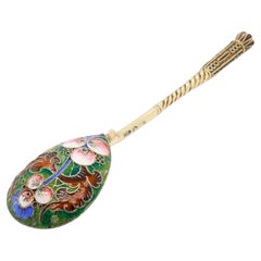 Cucchiaio russo del XIX secolo in argento imperiale dorato e smalto cloisonne sfumato