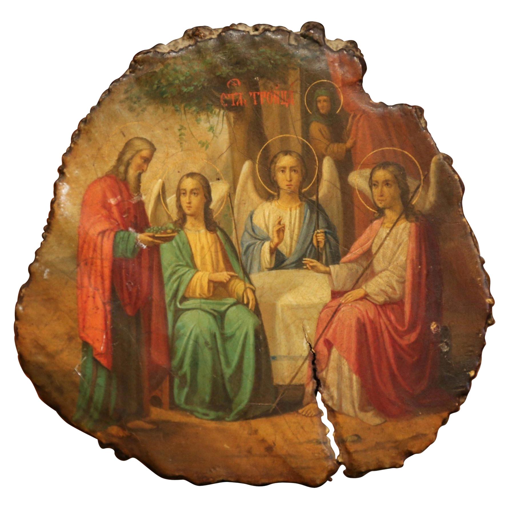 19th Century Russian Hand Painted Icon with God Abraham and Three Angels