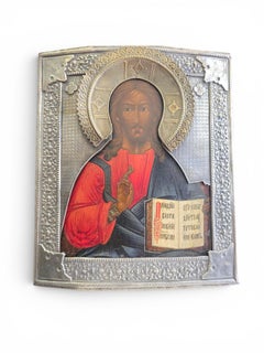 19th Century Russian Icon of Christ Pantocrator with Silvered Metal Oklad