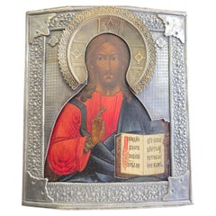 19th Century Russian Icon of Christ Pantocrator with Silvered Metal Oklad