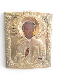 19th Century Russian Icon of Saint Nicholas with Silver-Plated Metal Oklad