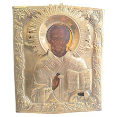 19th Century Russian Icon of Saint Nicholas with Silver-Plated Metal Oklad