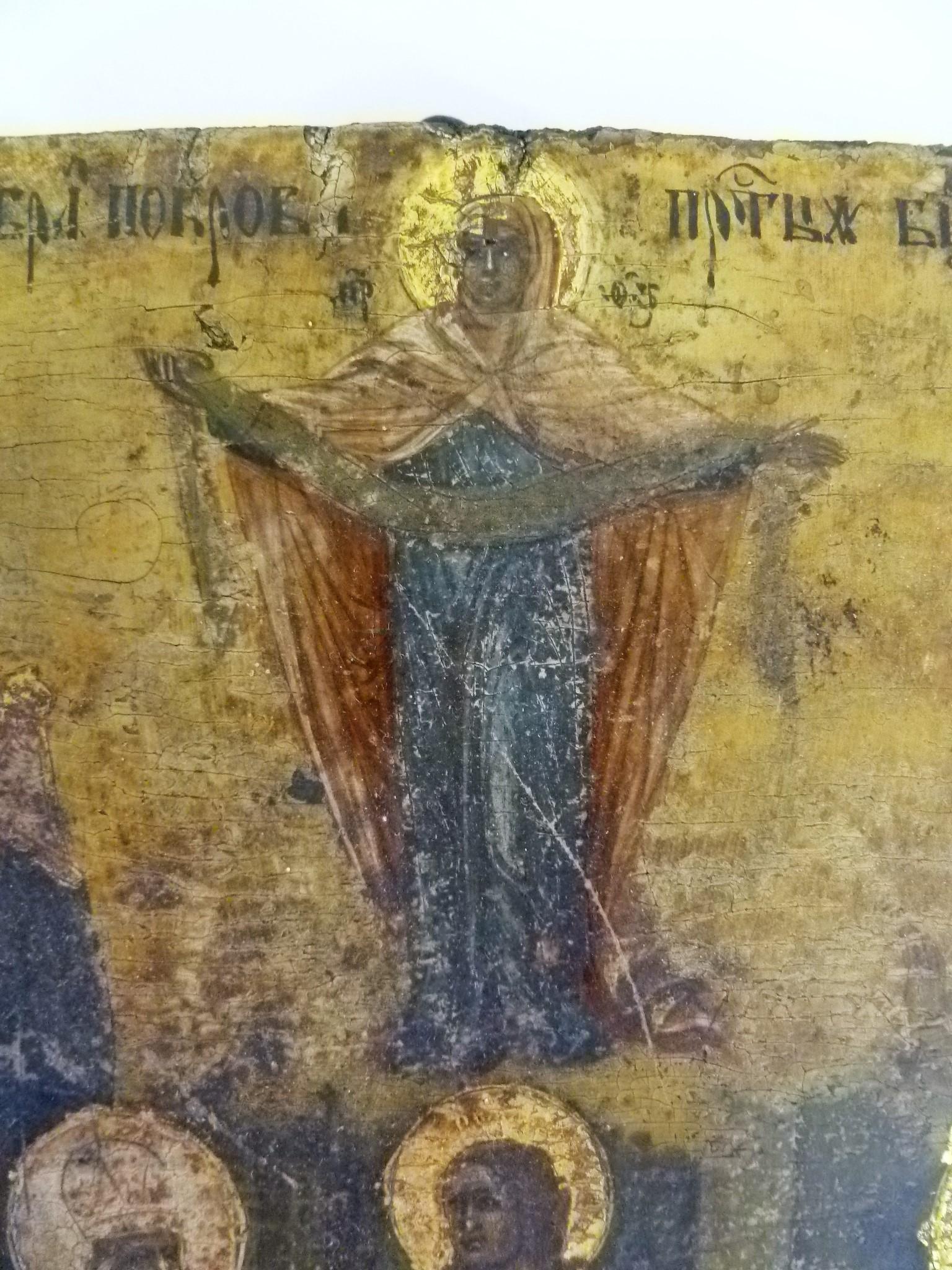 Hand-Painted 19th Century Russian Icon of The Protection of the Mother of God, Theotokos