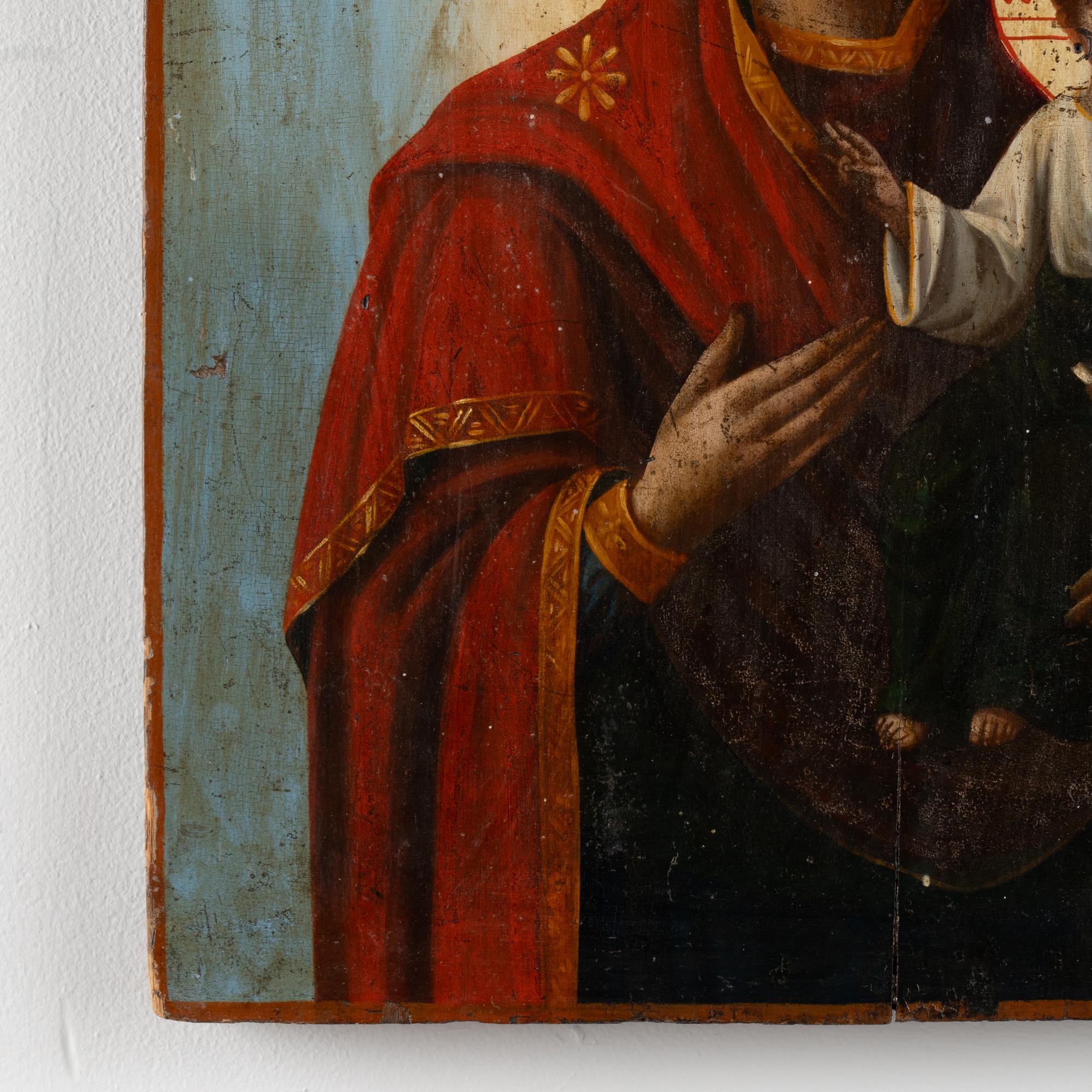 19th Century Russian Icon of Virgin Mary and Christ Child Painted on Board 4