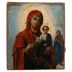 19th Century Russian Icon of Virgin Mary and Christ Child Painted on Board