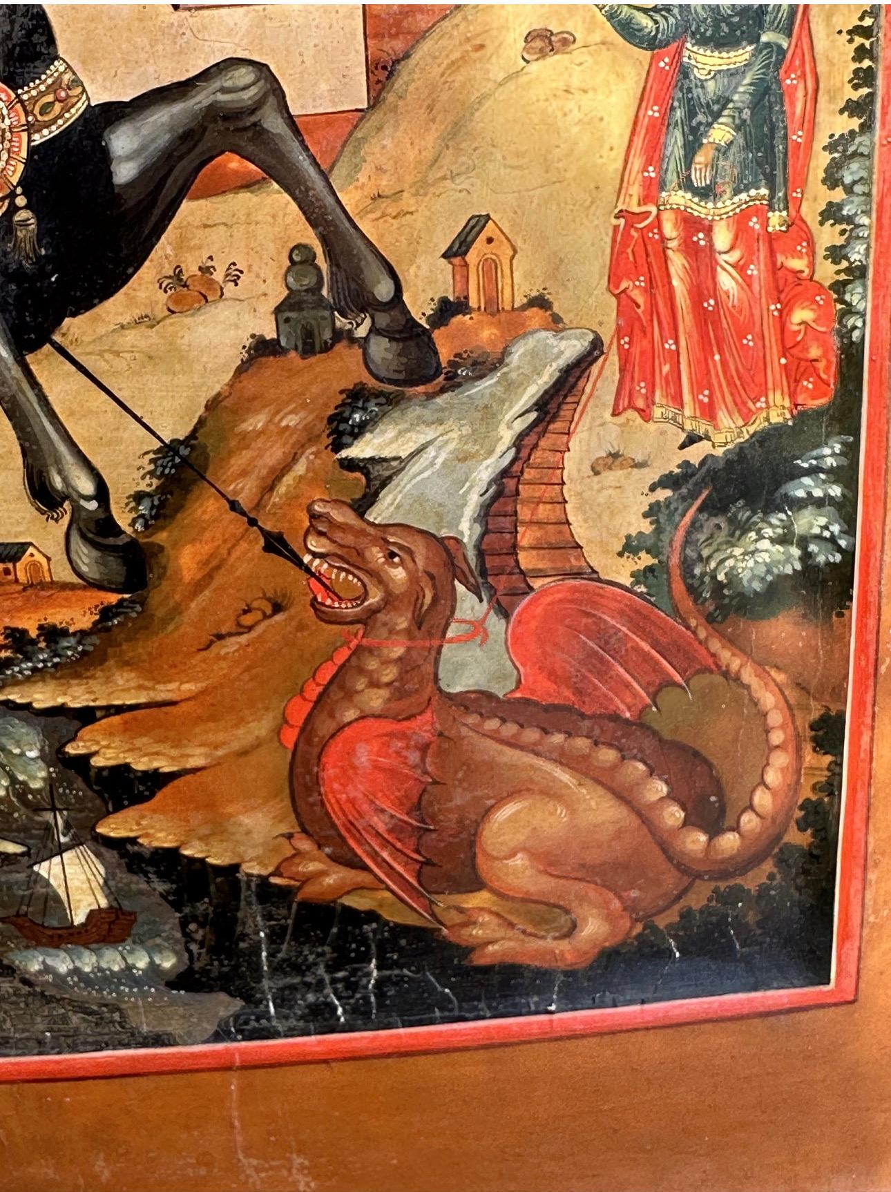 Bois Peinture d'art russe du 19e siècle représentant l'icône de Saint-Georges et le dragon en vente